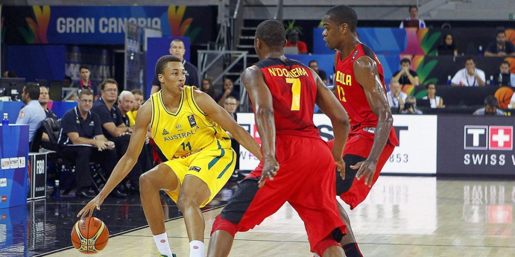 Dante Exum (left) in action for Australia at the World Cup last year.