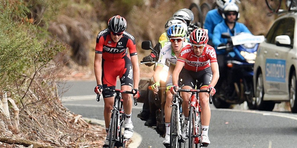 Australian rider Campbell Flakemore (left) climbs during Stage 2 of the Tour Down Under.