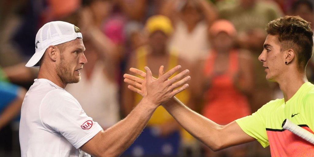 All-Aussie: Sam Groth (left) and Thanasi Kokkinakis after their five-set match.