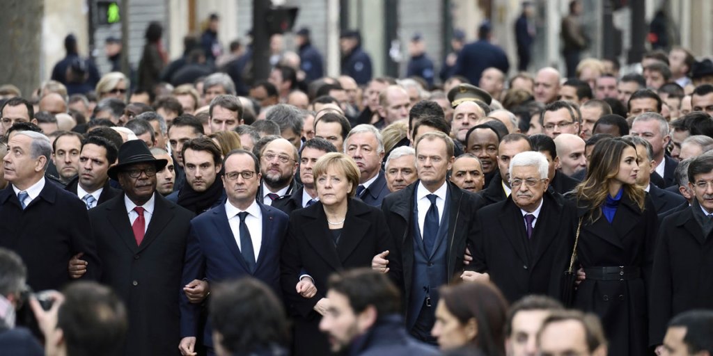 World leaders head an ant-terror mach in Paris. From left : Israeli Prime Minister Benjamin Netanyahu, Malian President Ibrahim Boubacar Keita, French President Francois Hollande, German Chancellor Angela Merkel, European Union President Donald Tusk, Palestinian president Mahmud Abbas, and Jordan's Queen Rania.