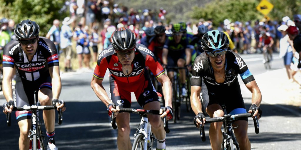 Richie Porte (right) leads Cadel Evans during the final climb of stage three yesterday.