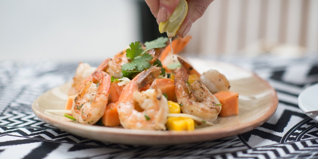 Prawns with pickled papaya and green mango. Photo Nat Rogers/InDaily