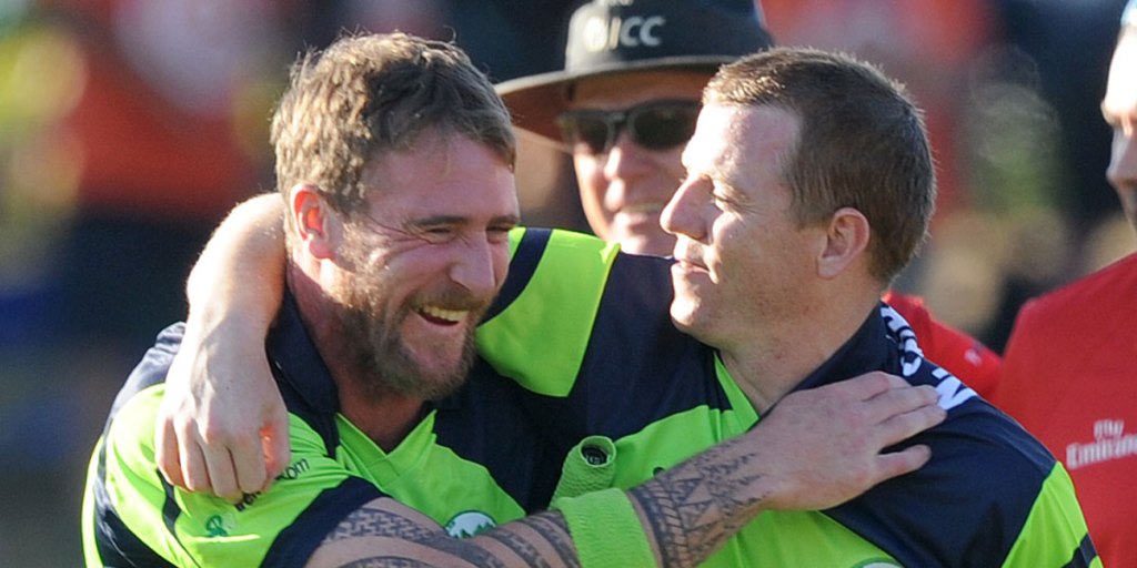 Ireland's not out batsmen John Mooney, left, and Niall O'Brien, right, after defeating the West Indies.