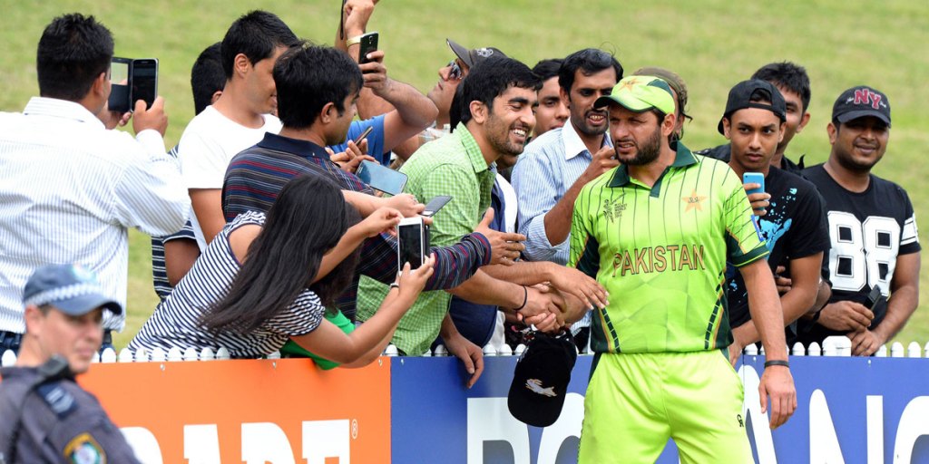 Pakistan's Shahid Afridi with fans during a world cup warm-up match in Sydney this week.