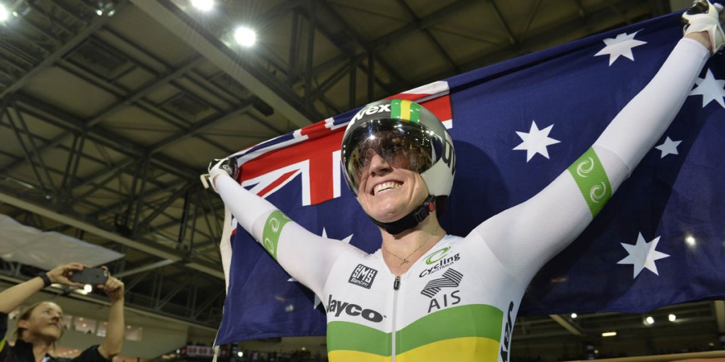 Anna Meares celebrates after winning the keirin at the world championships in Paris overnight.