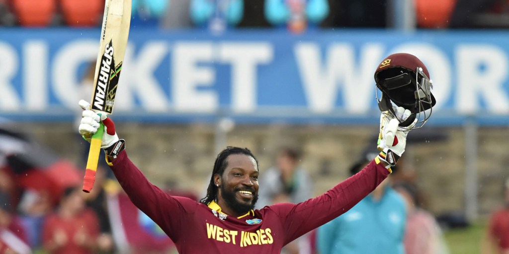 Chris Gayle celebrates a double century during the World Cup in February. Photo: AAP