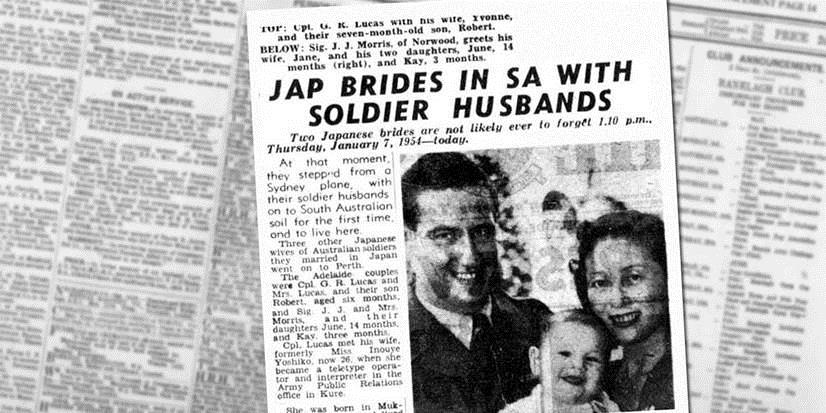 The local paper records the arrival of "war bride" Yvonne Lucas, with an infant Rob in her arms