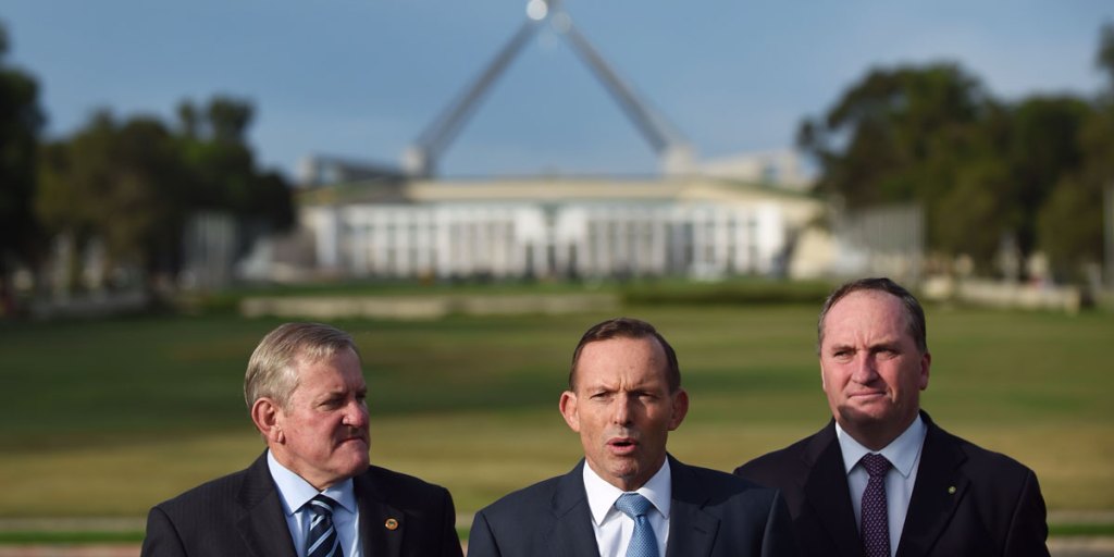 From left: Industry Minister Ian Macfarlane, Prime Minister Tony Abbott and Agriculture Minister Barnaby Joyce announcing the food labelling review in Canberra today.