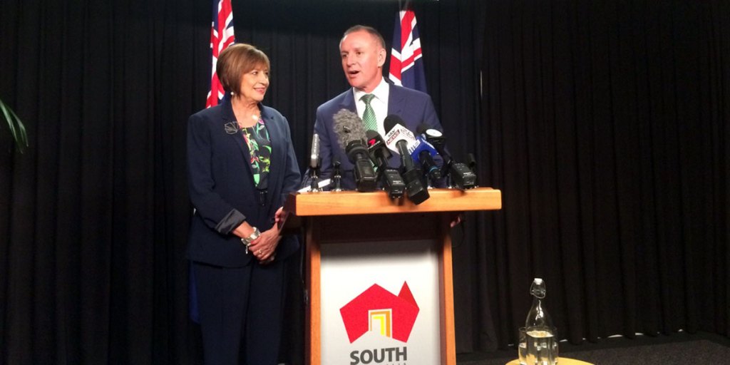 Jennifer Rankine and Jay Weatherill at a press conference today. 