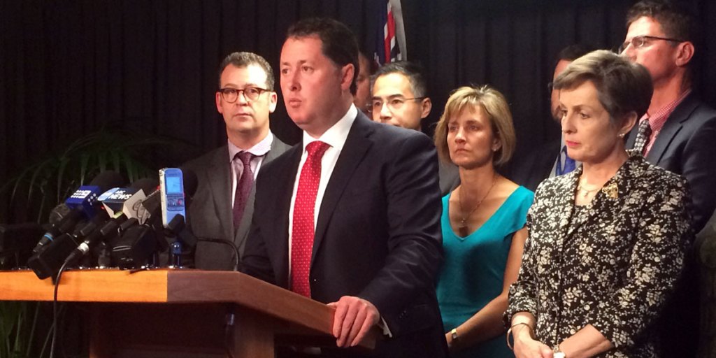 Health Minister Jack Snelling making the announcement with Professor Dorothy Keefe (right).