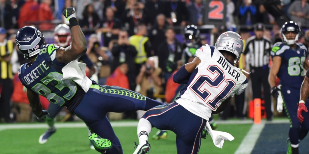 The moment when Malcolm Butler of the New England Patriots intercepted a pass intended for the Seahawks' Ricardo Lockette.