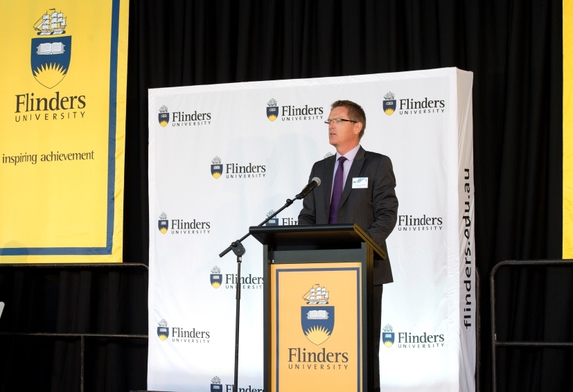Flinders University Vice-Chancellor Professor Colin Stirling addresses guests at the official opening of Flinders University's new $120m Tonsley facility last week.