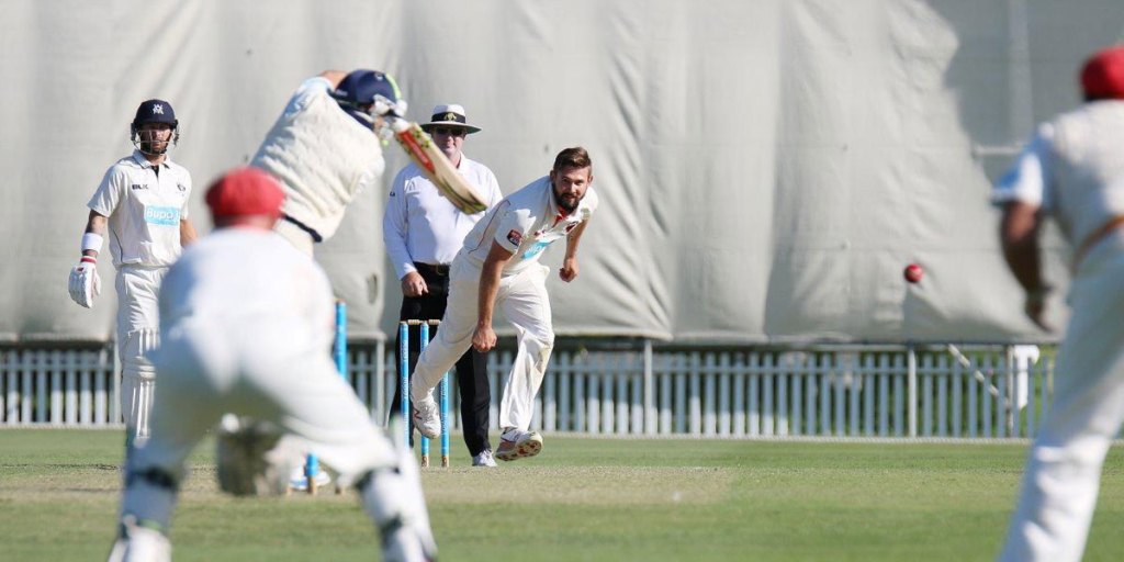 Redbacks bowler Kane Richardson gets a rare edge, but the ball lands wide of the field. Photo: Peter Argent/InDaily