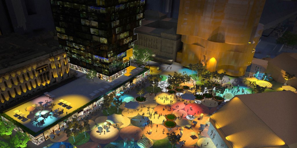 An artist's impression of the new Festival Plaza, beneath which will be a rebuilt car park.