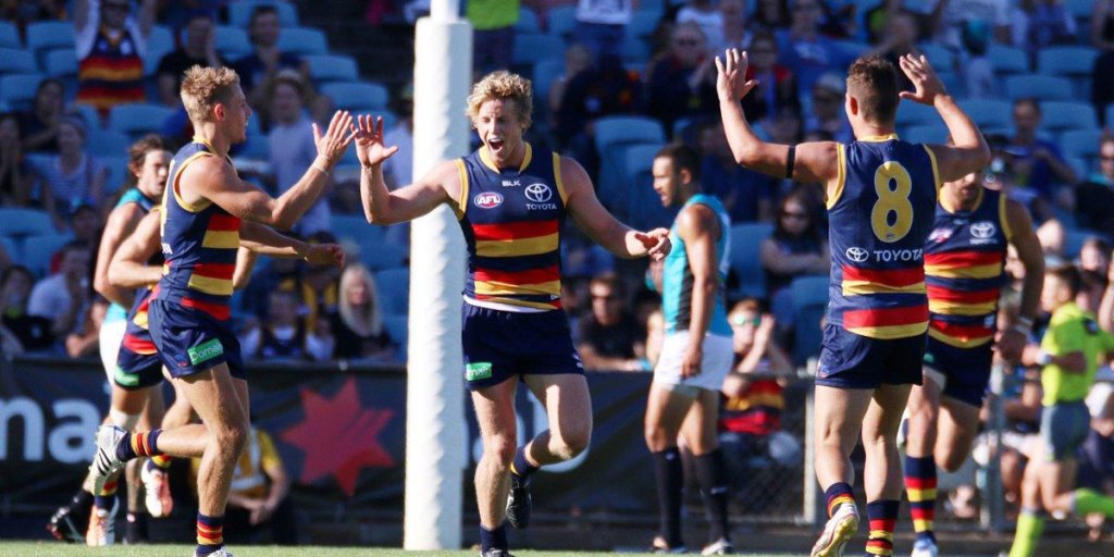 Rory Sloane celebrates his third quarter super-goal. Photo: Peter Argent/InDaily
