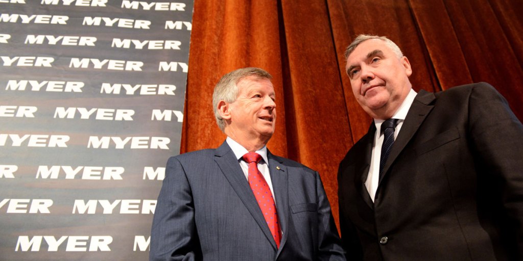 Myer CEO Bernie Brookes (right) and chairman Paul McClintock.