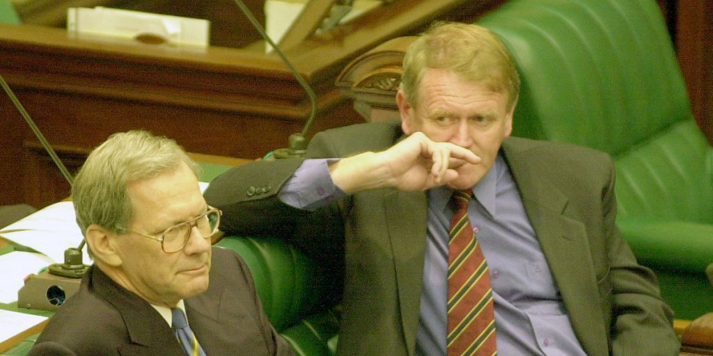 Rob Kerin (right) and Dean Brown in Parliament on 5 March 2002 - Kerin's last day as Premier.