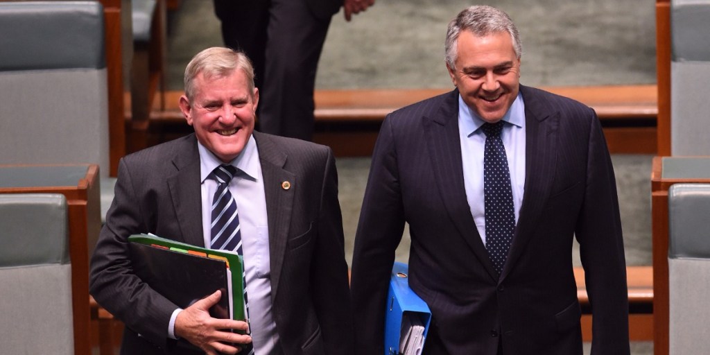 Federal Industry Minister Ian Macfarlane (left) with Treasurer Joe Hockey. AAP Image/Mick Tsikas