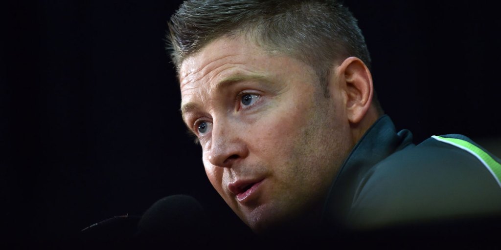 Australian captain Michael Clarke talking with the media in Adelaide yesterday.