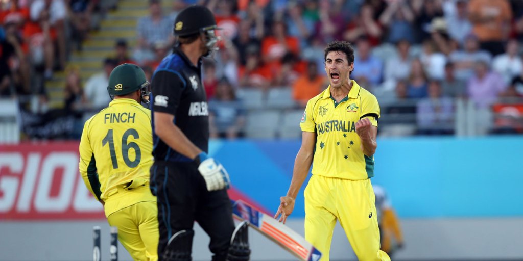 Mitchell Starc celebrates the wicket of New Zealand's Tim Southee.