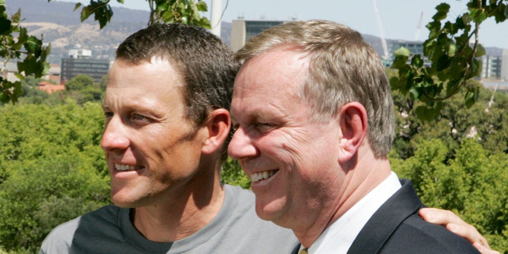Lance Armstrong (left) at Montefiore Hill with then Premier Mike Rann before the 2009 Tour Down Under.