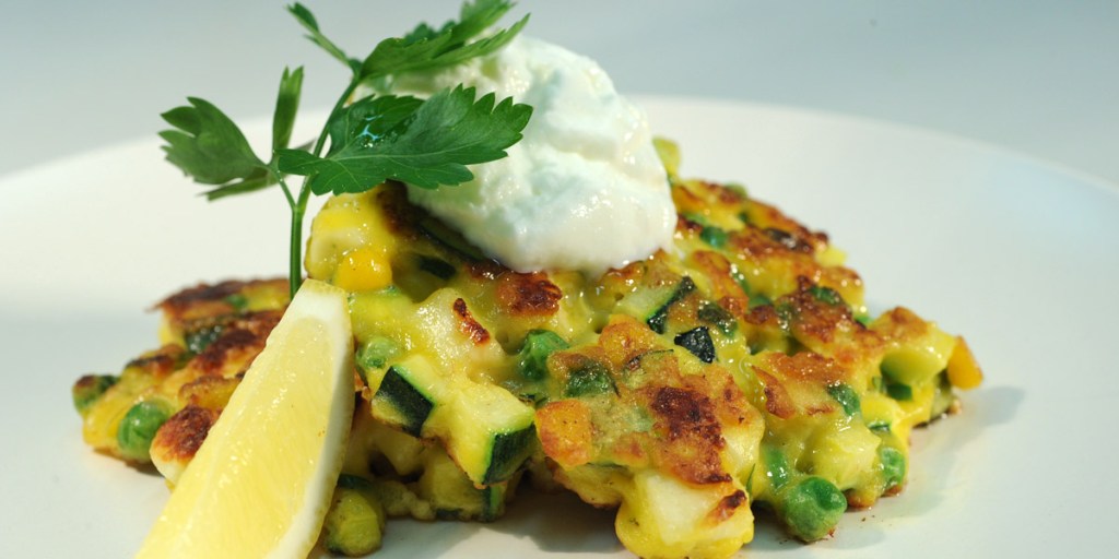 Thumbnail for Pea, zucchini and haloumi fritters