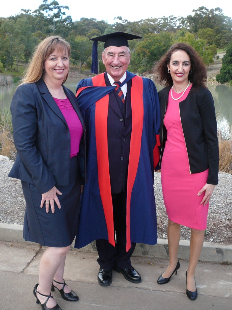 Flinders PhD graduate Roderick Essery with daughters Elaine Dalby, left, and Michelle Rodeh. Dr Essery wrote his thesis on the Cherokee Nation. 