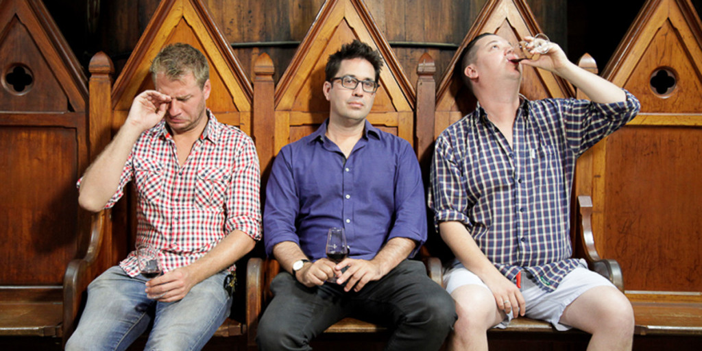 Nathan Earl, Chris Taylor and Josh Tyler on the set of 'Plonk' at Sevenhill Winery. Photo: supplied