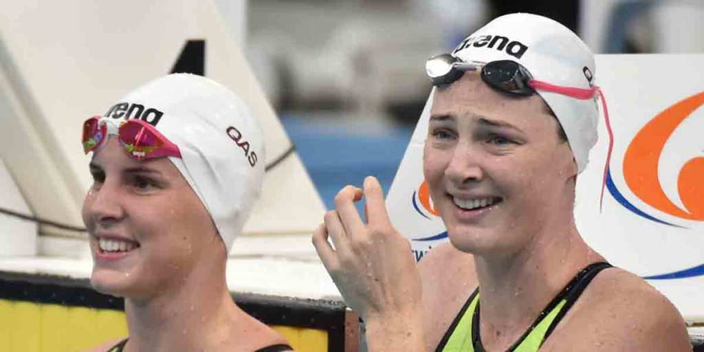 Cate Campbell (right) and her sister Bronte after the 100m freestyle final.