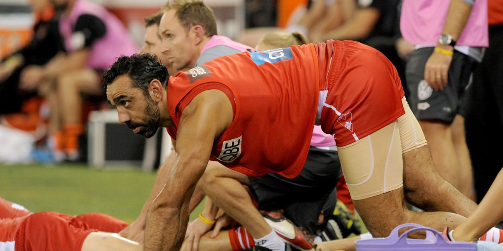 Sydney champion Adam Goodes in the hated red subs vest.