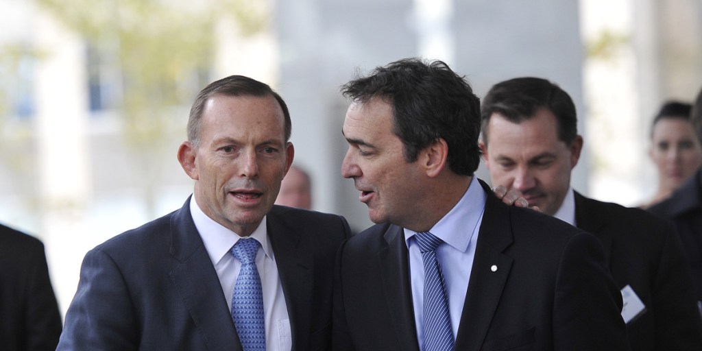 Tony Abbott and state Opposition Leader Steven Marshall arrive at a business lunch in Adelaide yesterday.