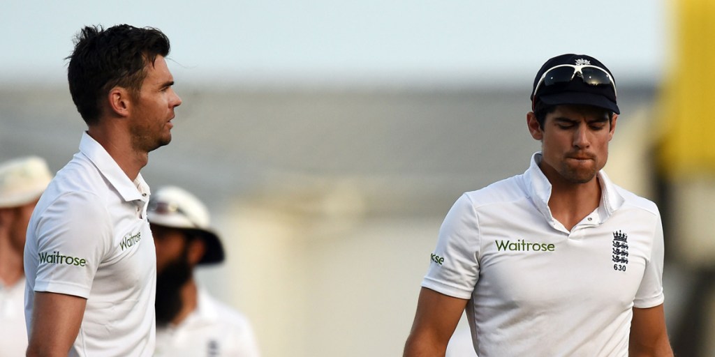 Alastair Cook (right) and James Anderson leave the field after being defeated in the final Test against the West Indies.