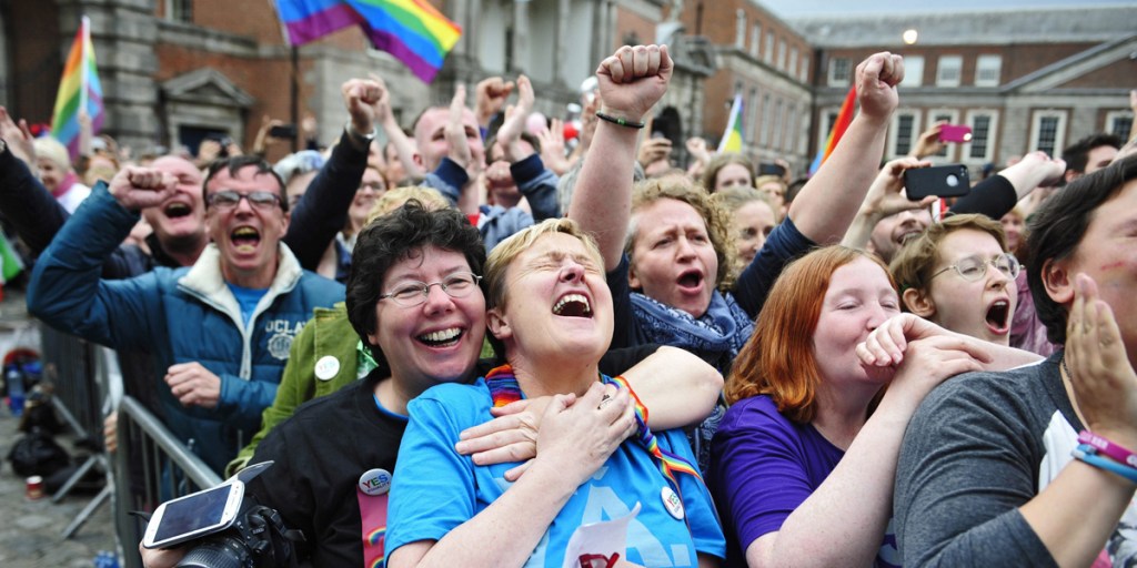 Celebrations erupt at Dublin Castle as the result of the Irish referendum on same-sex marriage is announced. 