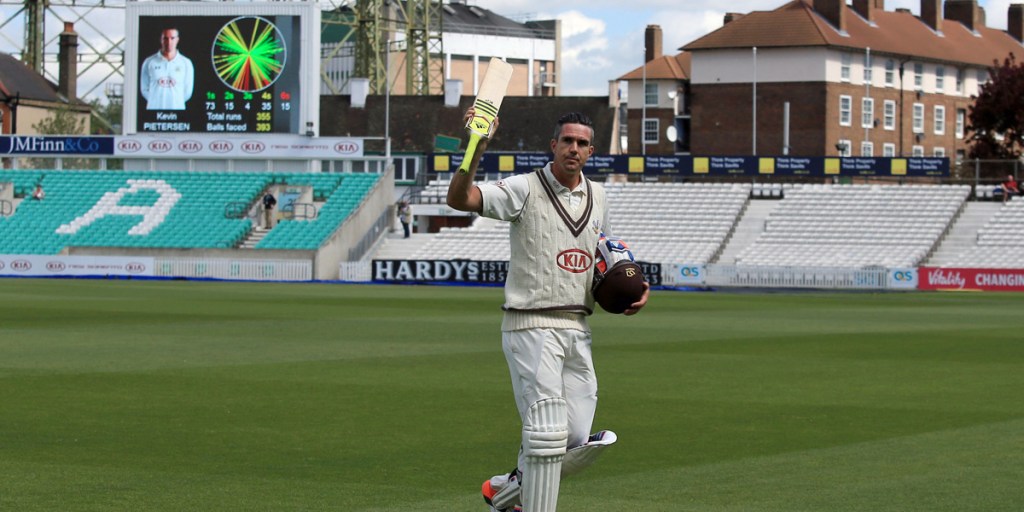 Kevin Pietersen acknowledges the crowd as he walks off after scoring 355 not out for Surrey.