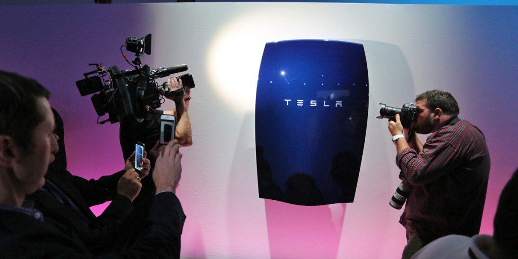 Photographers capture a Tesla Powerwall battery at the Tesla Design Studio in California.
