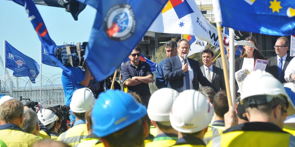 Opposition Leader Bill Shorten addressing a rally at the ASC in September 2014.