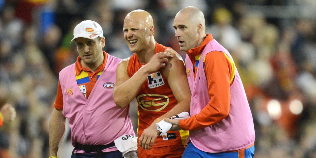 Suns captain Gary Ablett injures his shoulder against Collingwood in Round 16 last year.