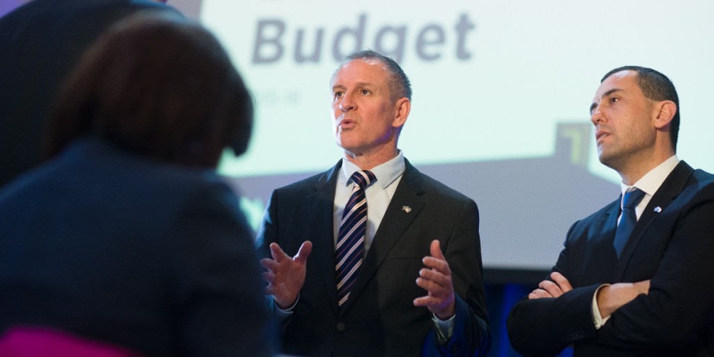 Premier Jay Weatherill (left) and Treasurer Tom Koutsantonis discussing today's Budget. Photo: Nat Rogers/InDaily