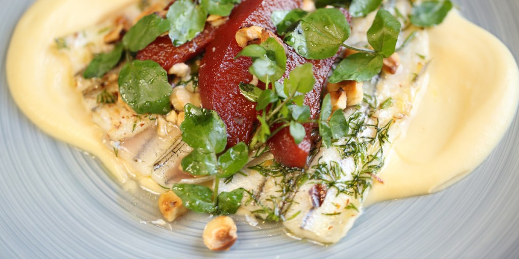 Garfish with celeriac and quince. Photo: Tony Lewis