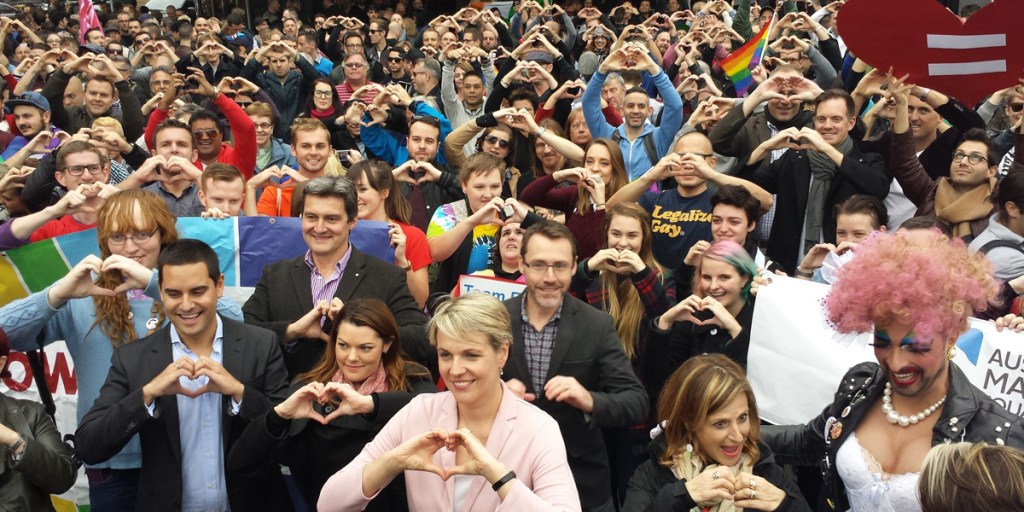 Deputy Labor leader Tanya Plibersek and Greens Senator Sarah Hanson-Young (front) at yesterday's marriage equality rally in Sydney. PhotoL AAP