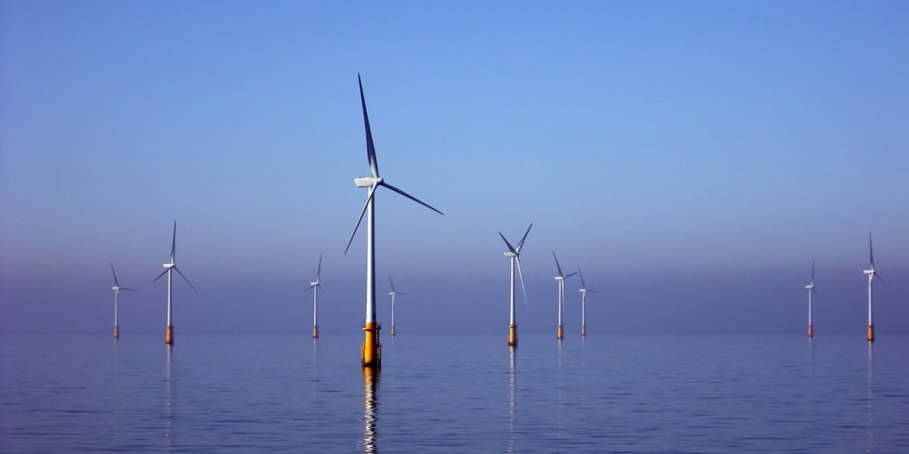 An offshore wind farm near Barrow-in-Furness, England, in the Irish Sea. 