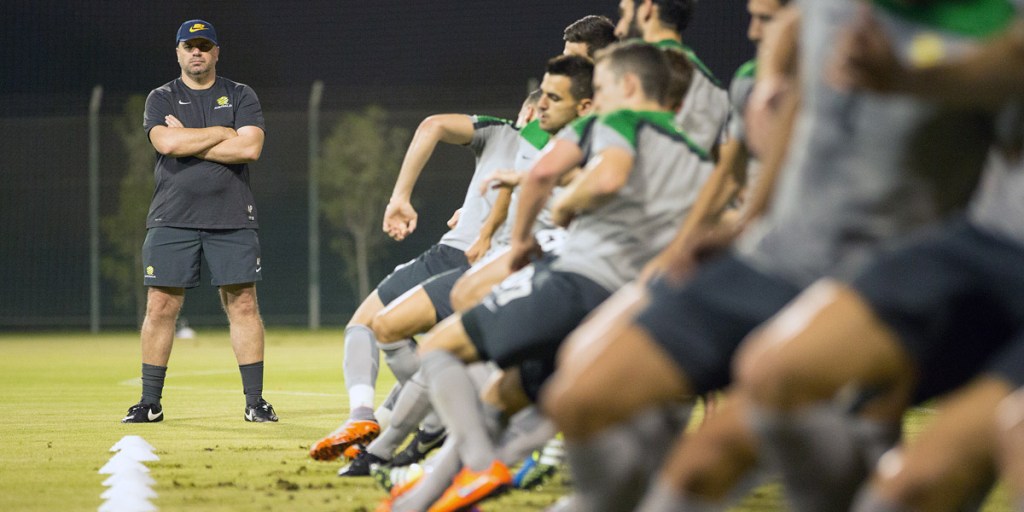Ange Postecoglou watches his players train in Dubai last week. Photo: Supplied/AAP