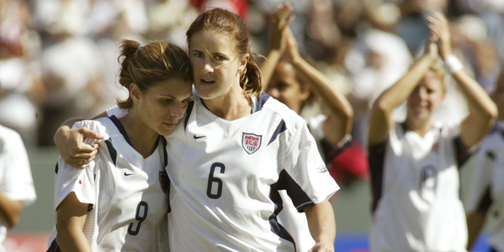 Brandi Chastain (right) with fellow USA World Cup star Mia Hamm during the 2003 World Cup. EPA photo