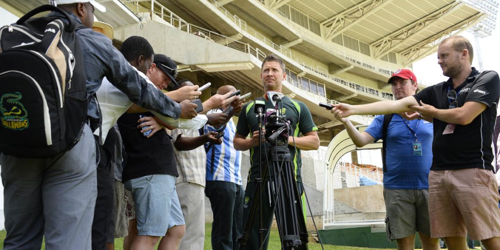 Michael Clarke talks to the media at Sabine Park in Kingston, Jamaica.