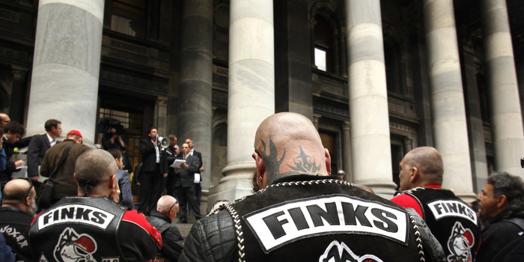 Outlaw gang members rally outside Parliament in 2009 against proposed anti-association laws that were ultimately struck down. 