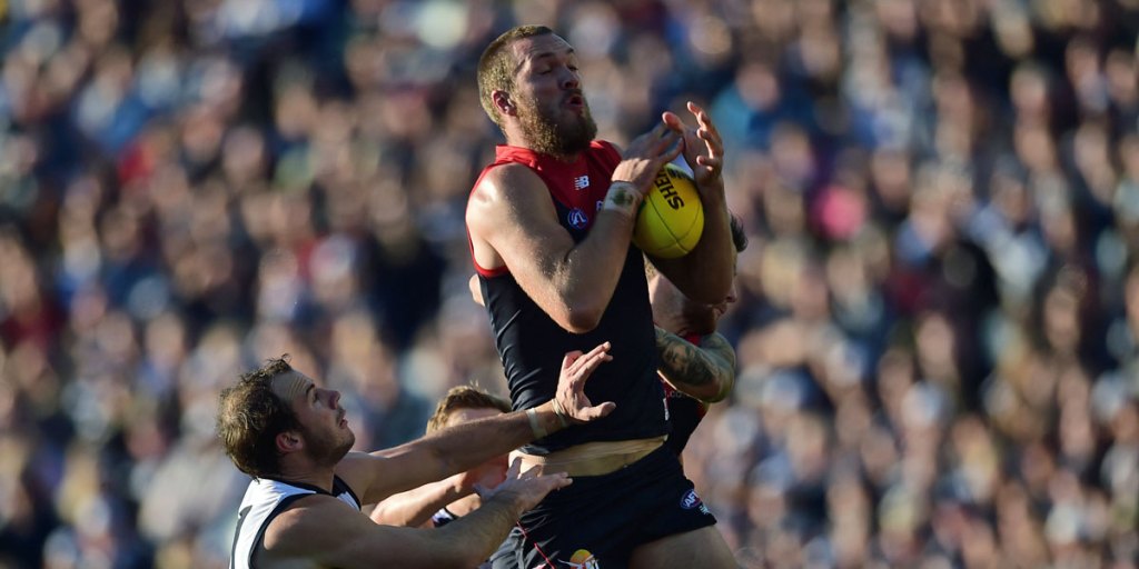 Melbourne ruckman Max Gawn takes a mark against Geelong.