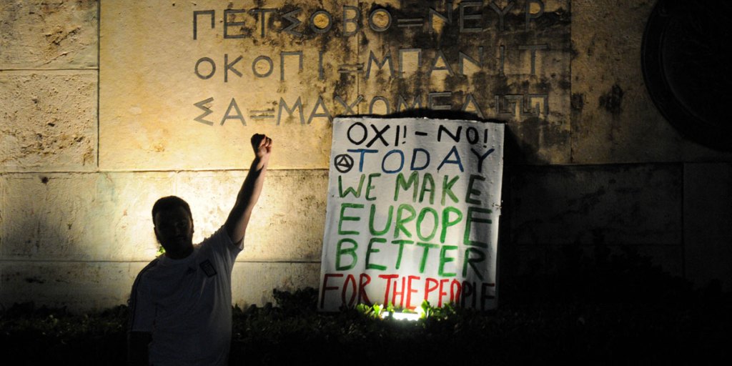 Protesters gathered in Syntagma Square in Athens to voice their position on the upcoming referendum.