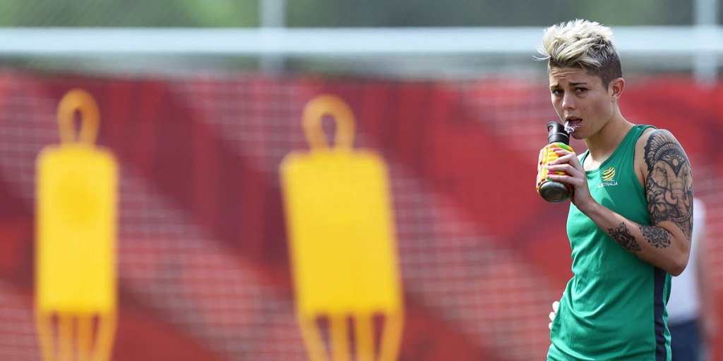 Australian forward Michelle Heyman at a training session ahead of the Matilda's group D match against Nigeria.