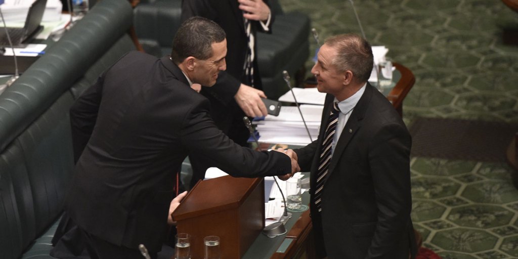 Premier Jay Weatherill congratulating Tom Koutsantonis after the Treasurer delivered Thursday's state budget to parliament.