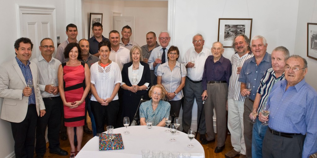 Thelma Schubert, center, with the innermost of the Penfolds winemaking and management team, past and present, at Dr Ray Beckwith's 100th birthday lunch, Kalimna Homestead, Barossa, February 2012. Photo: Richard Humphrys